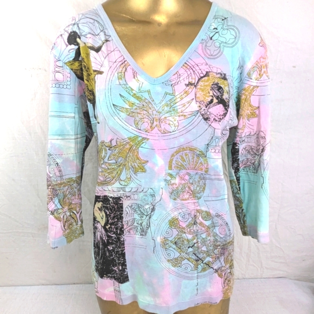 Glima Blouse Pastel Pink And Blue colors Artistic V-Neck Medium NWOT